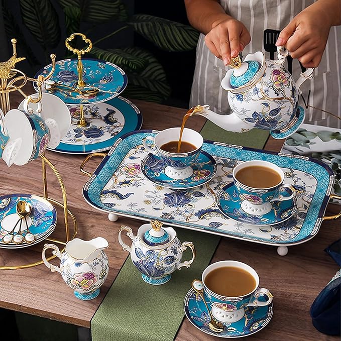 ACMLIFE Tea Sets for Adults for 6 - Tea Pot Sets with Cups Blue, Tea Sets for Women Tea Party, Fine Bone China 24K Gold, Vintage British English Porcelain Afternoon Service Sets for Luxury Gift - Bloomnest