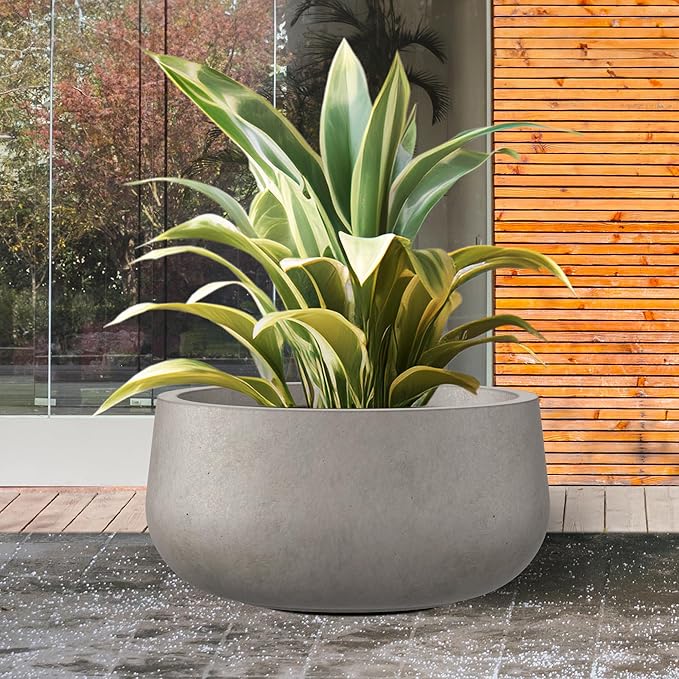 Kante 19.6" Dia Round Concrete Planter, Cement Plant Pots with Drainage Hole and Rubber Plug for Outdoor Indoor Garden Home, Modern Curvaceous Design, Weathered Concrete - Bloomnest