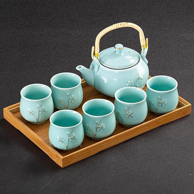 KEYDUACU Japanese Tea Set, Kiln-Formed Ceramic TeaSet, Plum Blossom Embossed, Includes 1 Teapot, 6 Teacups,Tea Tray,Strainer, Used for home, outdoor, gift, Chinese Kung Fu Tea Sets(FDMH-CYAN-MU) - Bloomnest