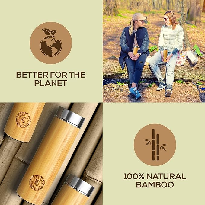LeafLife Premium Bamboo Tea Bottle for Loose Tea - Tea Infuser Bottle - Tea Gifts - Insulated Water Bottle/Coffee Tumbler/Tea - Tea Gift Set, Tea Accessories - Tea Tumbler 12oz - Bloomnest