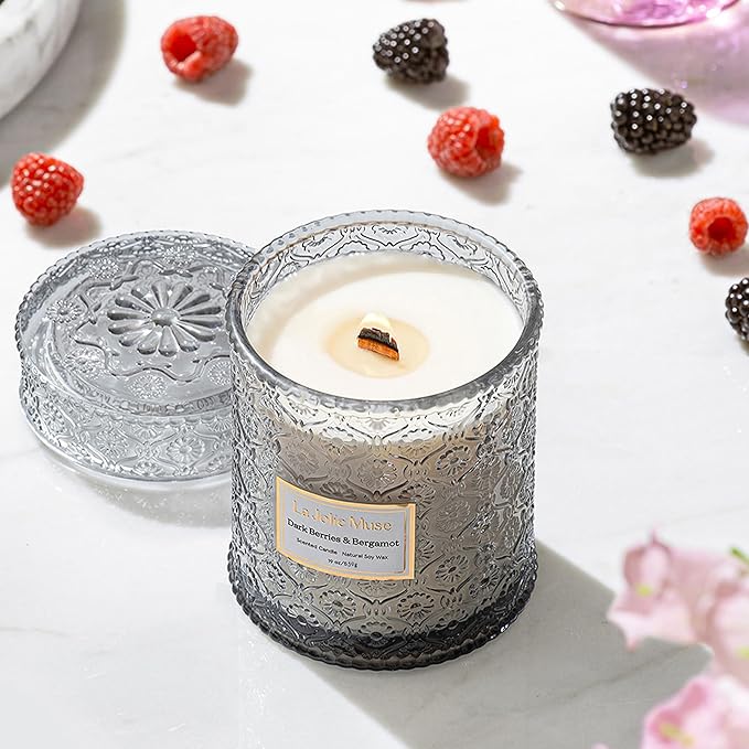 LA JOLIE MUSE Dark Berries & Bergamot Candle - Berries, Grape, Caramel | 19 oz Large Wooden Wick Candle | Natural Soy Wax | 90 Hours Clean Burn | Gift-Ready for Hosts & Gatherings | Elegant Home Décor - Bloomnest