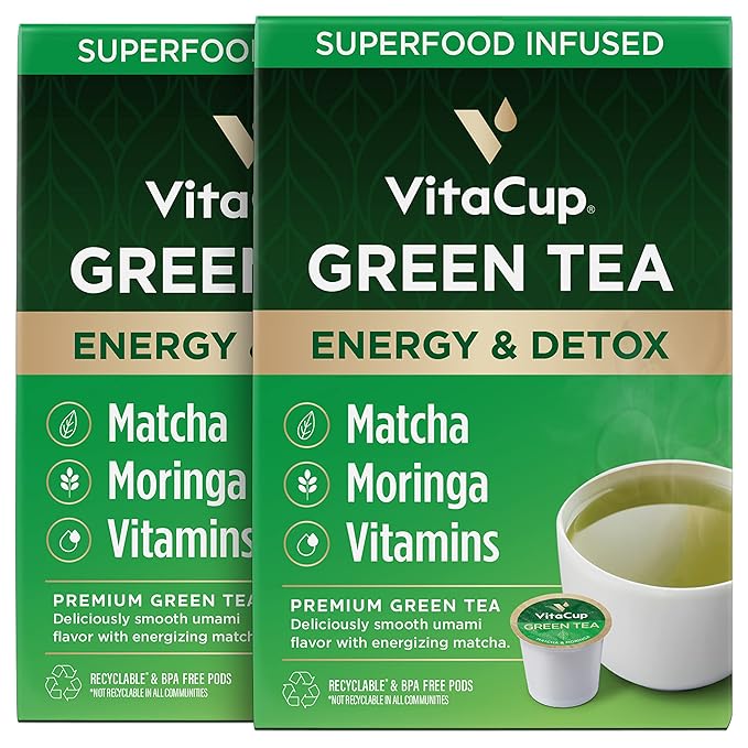 VitaCup Green Tea Pods, Enhance Energy & Detox with Matcha, Moringa, B Vitamins, D3, Keto, Paleo, Vegan, Recyclable Single Serve Pod, Compatible with Keurig K-Cup Brewers,32 Ct - Bloomnest