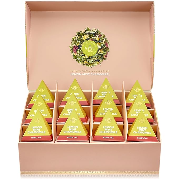 Teabloom Lemon Mint Chamomile Pyramid Tea Presentation Box, 12 Herbal Tea Blends, Whole-Leaf Pyramid Tea Sachets - Bloomnest