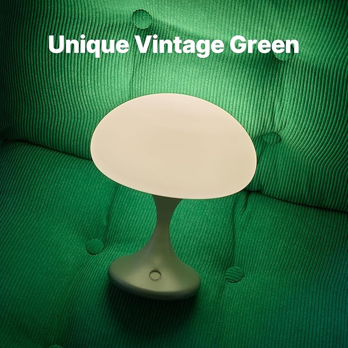 Mushroom Lamp, 5W LED Cordless Rechargeable Table Lamp with Glass Shade, Small Retro Dimmable Touch Light with 3 Color Temps, Aesthetic Mid Century Bedside Light for Bedroom Ambient, Green - Bloomnest