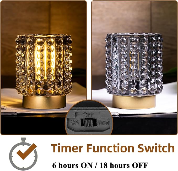 Battery Operated Lamp with Timer, Mini Crystal Table Lamps for Home Decor, Small Cordless Lamp for Areas No Outlets, Glass Battery Powered Lamps for Entryway, Bedroom, Bathroom, Shelf, Corner(Gray) - Bloomnest
