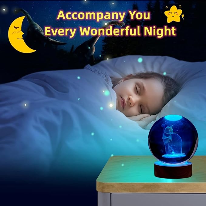Cat Crystal Ball Lamp, 3.15 inch 3D K9 Crystal Ball Night Light with Wooden Base, 16 Color Change with Remote Control - Bloomnest