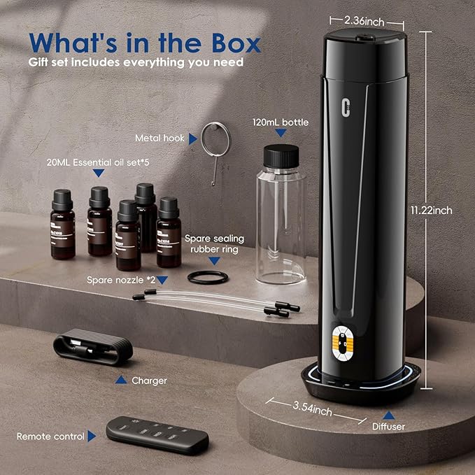 Waterless Scent Diffuser – 1200 Sq Ft Coverage, Essential Oil Diffuser with Remote Control, Quiet Aromatherapy Diffuser with LED Light & Timer, Scent Air Machine for Home, Office, Hotel - Bloomnest