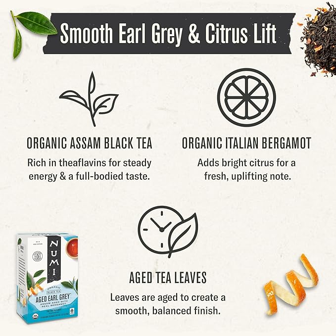 Numi Organic Aged Earl Grey Tea, 18 Black Tea Bags with Real Bergamot, Microplastic Free, High Caffeine - Bloomnest