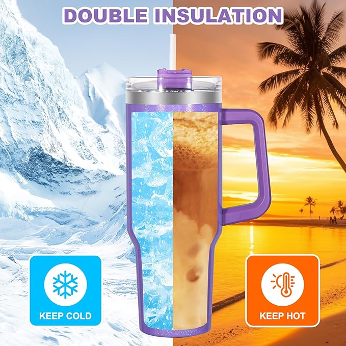 40 oz Tumbler with Handle and Flip Straw Lid, Vacuum Insulated Leak Proof Double Walled Stainless Steel Glitter Travel Mug Tumblers, Maintains Cold Ice and Heat for Hours(Purple) - Bloomnest
