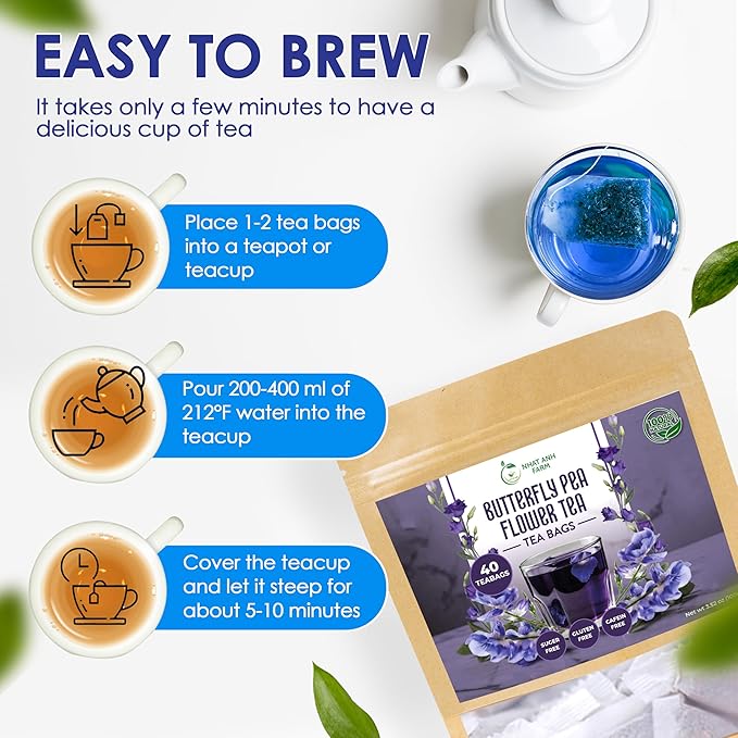 Nhat Anh Farm - Premium Butterfly Pea Tea Bags - Dried Butterfly Pea Flower Tea Bags - 40 Teabags, 2.5g/bag), 100% Natural & Pure/Sugar/Caffeine/Gluten Free. Good For Your Health - Bloomnest