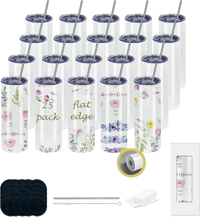 25pack Flat Edge Sublimation Straight Tumbler bluk Double Wall Stainless Steel Vacuum Cup with Metal Straw and silding lid Wholesale - Bloomnest
