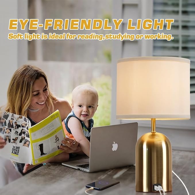GyroVu Bedside Lamp with USB Port, Touch Control Table Lamp for Bedroom 3 Way Dimmable Modern Nightstand Lamp with Fabric Shade Gold Base for Living Room, Dorm, Home Office, LED Bulb Included - Bloomnest