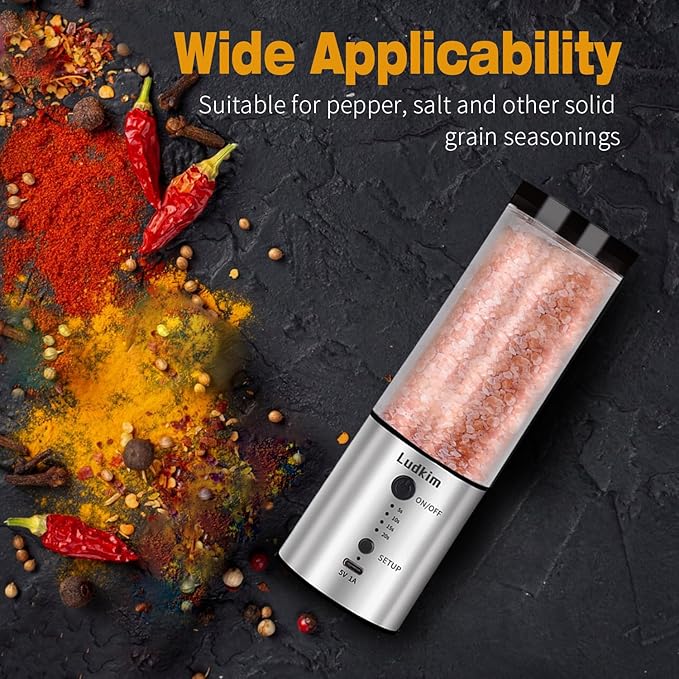 Stainless Steel Electric Pepper Grinder with Massive 240ML See-Through Hopper - USB-C Rechargeable, Adjustable 5-20s Timer, Powerful Ceramic Grinder for Salt, Peppercorns & Dry Spices (2025 Upgraded) - Bloomnest