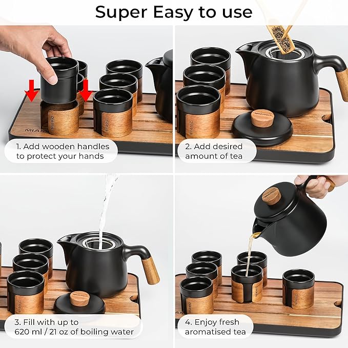 MIAMIO - Japanese/Chinese Tea Set 6 x 3.4 oz/Asian Tea Pot 21 oz with Tea Infuser, Traditional Japanese Tea Cups Set for Tea Lovers/Men/Women (Black) - Bloomnest