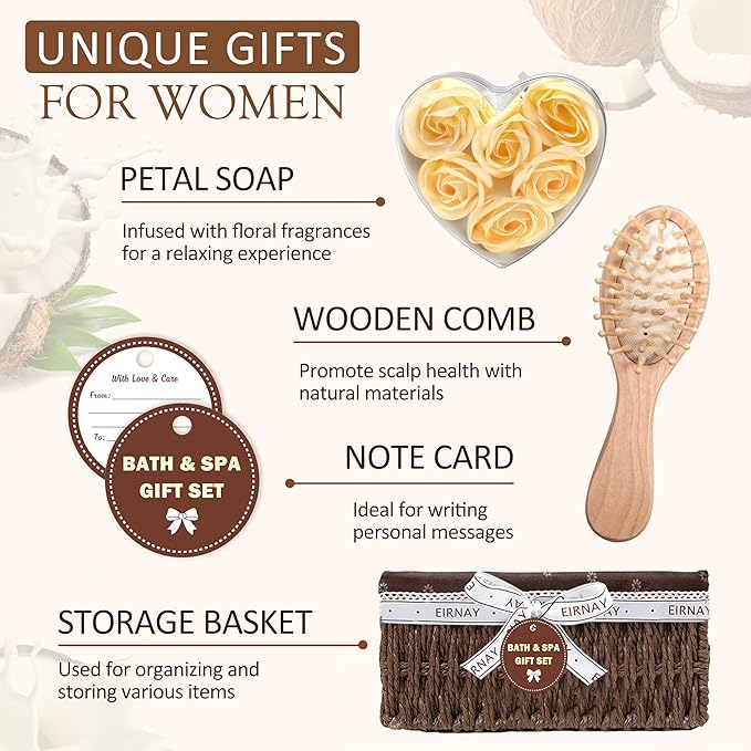Christmas Gifts For Women - 16 PCS Birthday Gift Basket for Women Set of Coconut Vanilla Self Pampering Set, Includes Luxurious Home Spa Shower Gel Bubble Bath - Bloomnest
