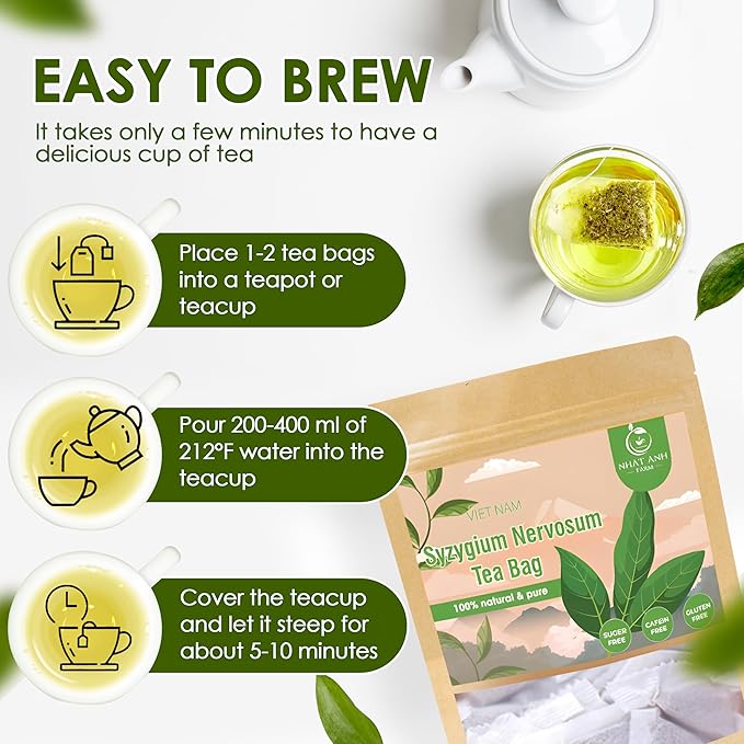 NHAT ANH FARM - Premium Syzygium Nervosum Tea Bags, 100 Syzygium Nervosum Tea Bags, 100% Natural Dried Syzygium Nervosum Leaves, Naturally Sweet Herbal Tea, Sugar-Free, Caffeine-Free, No Additives. - Bloomnest