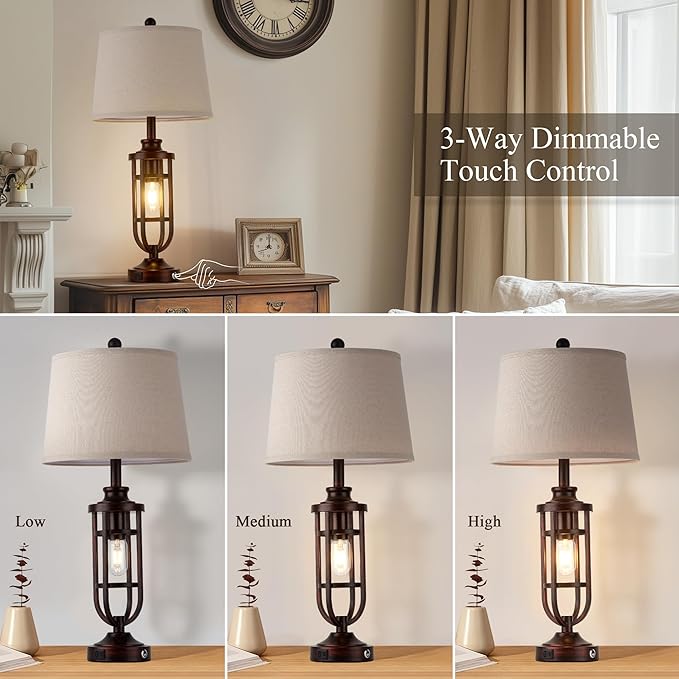 28" Table Lamps for Living Room Set of 2, Farmhouse Bedroom Lamps for Nightstand with USB A+C, Rustic Bedside Lamps for End Tables, Bulbs Included - Bloomnest