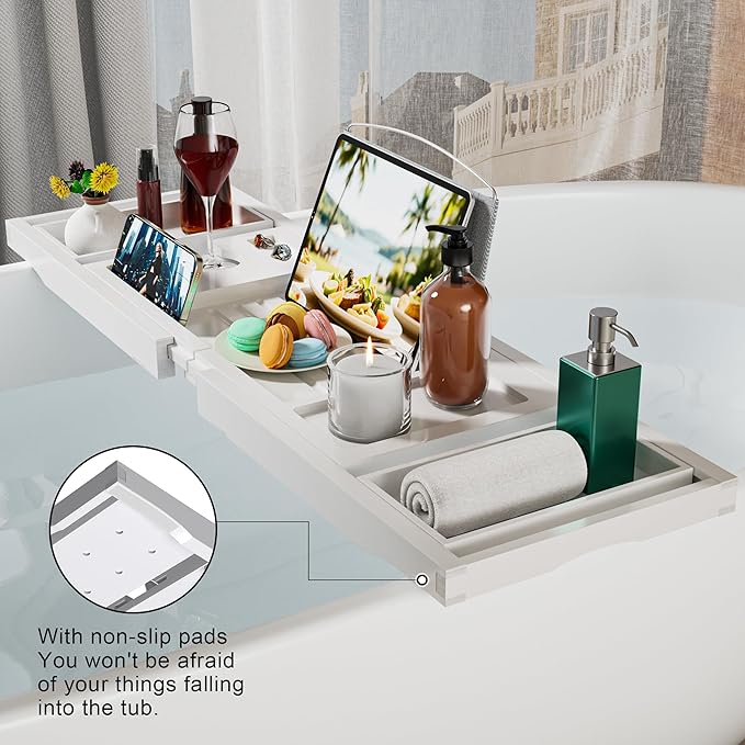 Bathtub Caddy Tray for Tub,Foldable Bath Table Trays,Bamboo Shelf with Book and Wine Glass Holder,Bathroom Accessories Suitable for Luxury Spa or Reading,White - Bloomnest