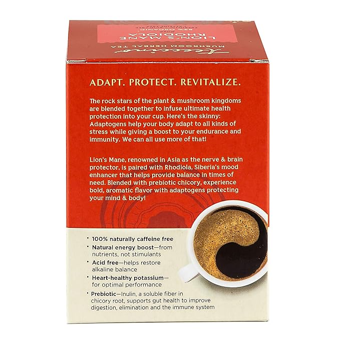 Teeccino Caffeine-Free Mushroom Adaptogenic Herbal Tea - Lion’s Mane Rhodiola Tea - Rose, 3x More Herbs than Regular Teas, Lightly Sweet from Dates & Figs, Chicory Prebiotic - 10 Tea Bags - Bloomnest