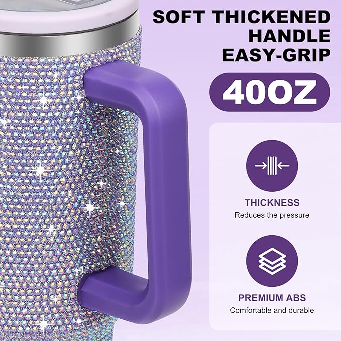 40 oz Tumbler with Handle and Flip Straw Lid, Insulated Leak Proof Double Walled Stainless Steel Rhinestone Diamond Studded Bling Travel Mug Tumblers, Maintains Cold Ice and Heat for Hours - Bloomnest