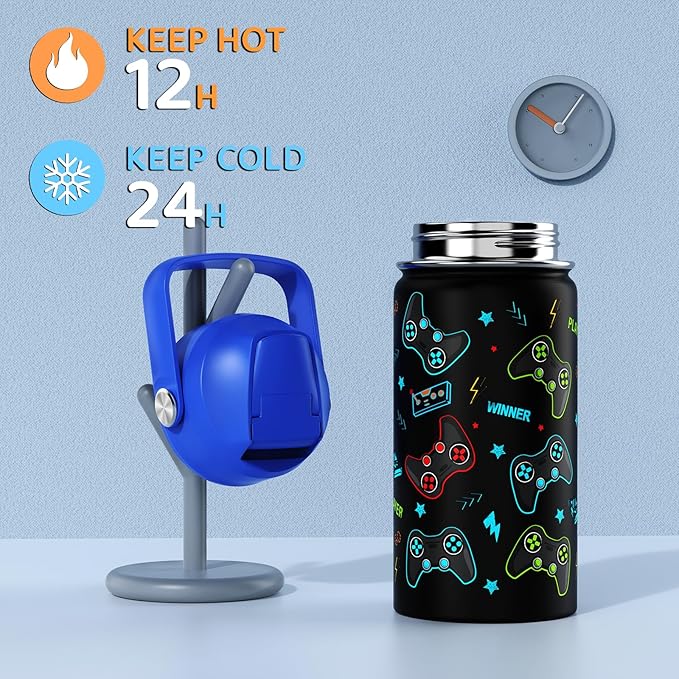 14oz Kids Insulated Water Bottle with Straw Lid - 18/8 Stainless Steel Kid Cup Travel Tumbler Double Wall Vacuum Leak Proof Portable Toddler Water Bottle (Game Blue+Red） - Bloomnest