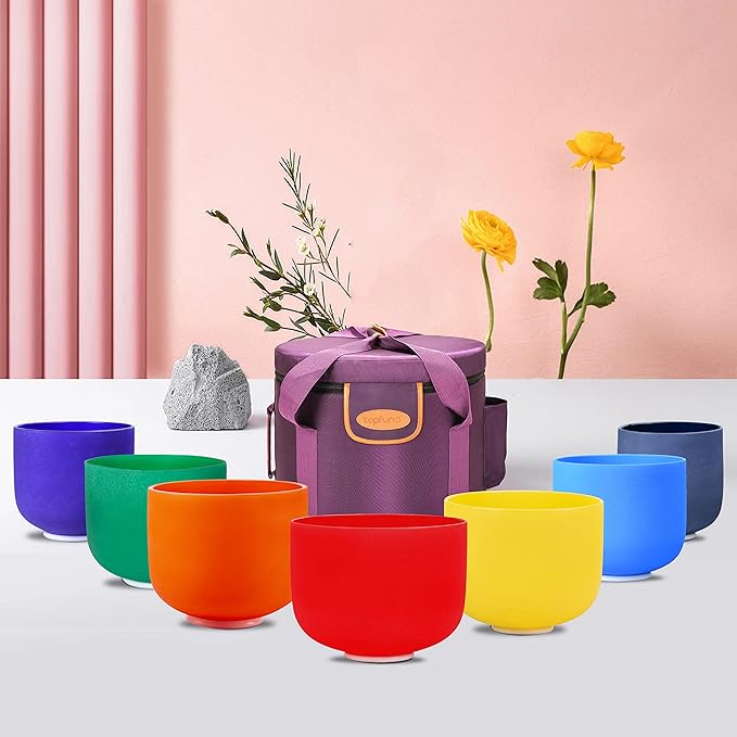 TOPFUND 6-14 inch Chakra Set of 7 Color Crystal Singing Bowls with Heavy Duty Carrying Case and Singing Bowl Mallets - Bloomnest