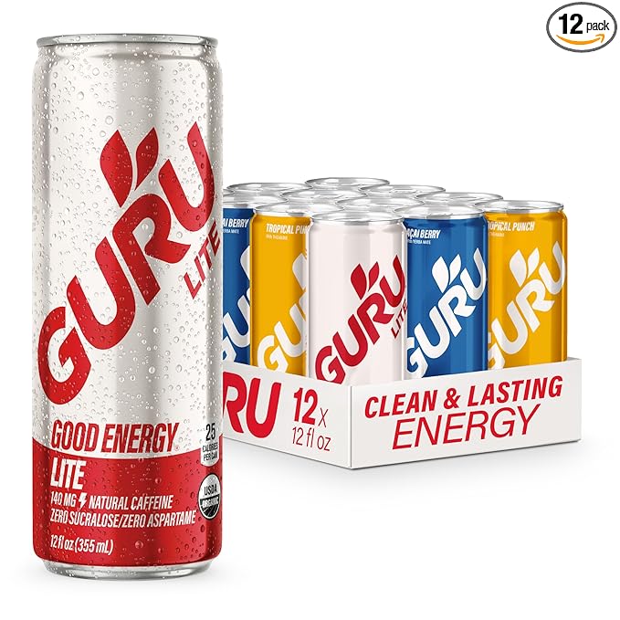 GURU Organic Energy Drinks Variety Pack, Clean Energy Drink with Plant Based Natural Caffeine from Green Tea, Gluten Free and Vegan, 140MG Caffeine, Healthy Drinks, 12 oz (Pack of 12) - Bloomnest