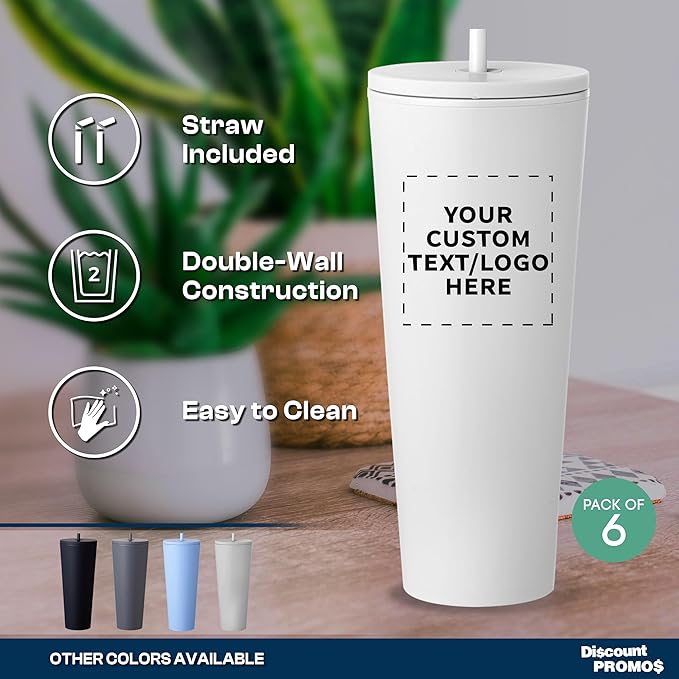 DISCOUNT PROMOS Custom Kenai Plastic Tumblers with Straw 24 oz., Set of 6, Personalized Bulk Pack - Ideal for Busy Professionals, With lids, Ice Coffee Tumbler, To Go Cup, Insulated - White - Bloomnest
