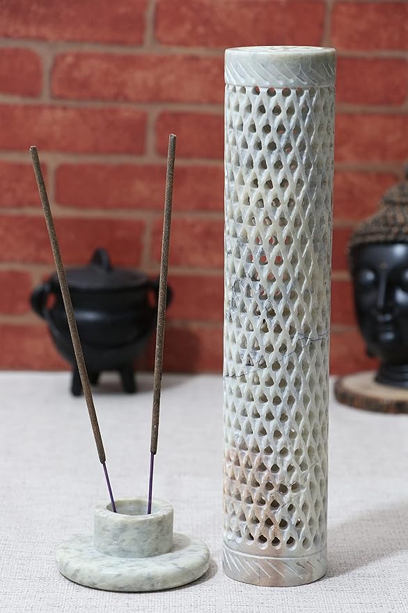 Crocon Handmade Incense Tower Candle Stick Holder Soapstone Tea Light Tower Burner | Candles Stand |Office Decor Room Fragrance Decorative Kitchen Home Spa Great Gift Set - 11X3X3 Inch