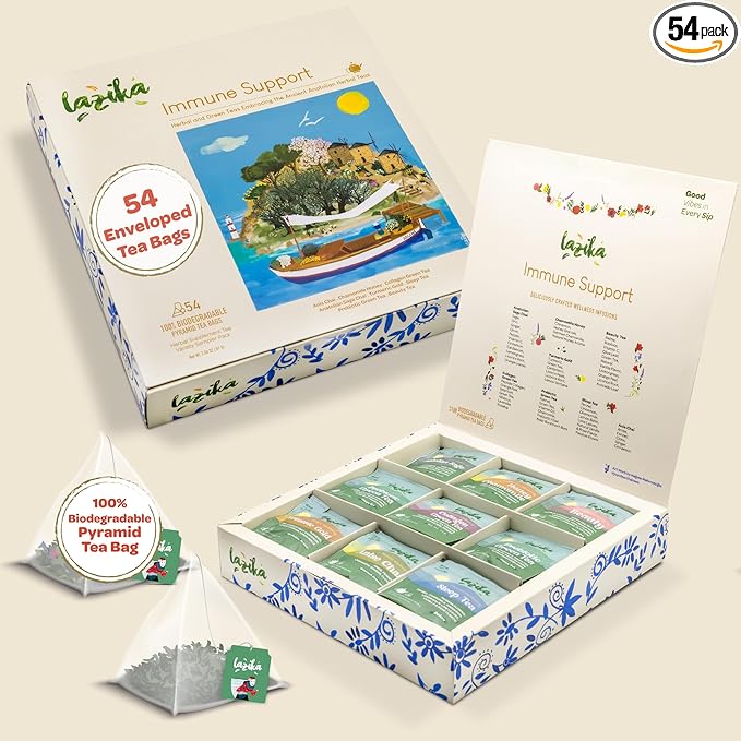 Lazika Herbal Tea Variety Pack with Lovely Presentation Box, 54 Counts, Immune Support Tea Assortment Gift Set, Premium Collection with Pyramid Infuser Bag, Handcrafted - Bloomnest