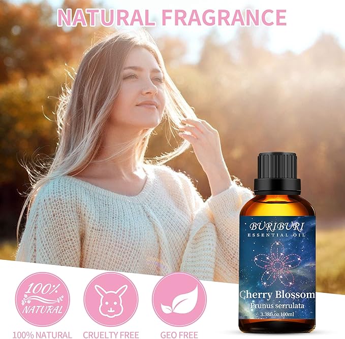BURIBURI Cherry Blossom Essential Oil for Aromatherapy Diffuser, Skin, 100% Pure Cherry Blossom Oil 100ML for Candle, Soap, Perfume Making Cherry Fragrance Oil 3.38fl.oz BURIBURI