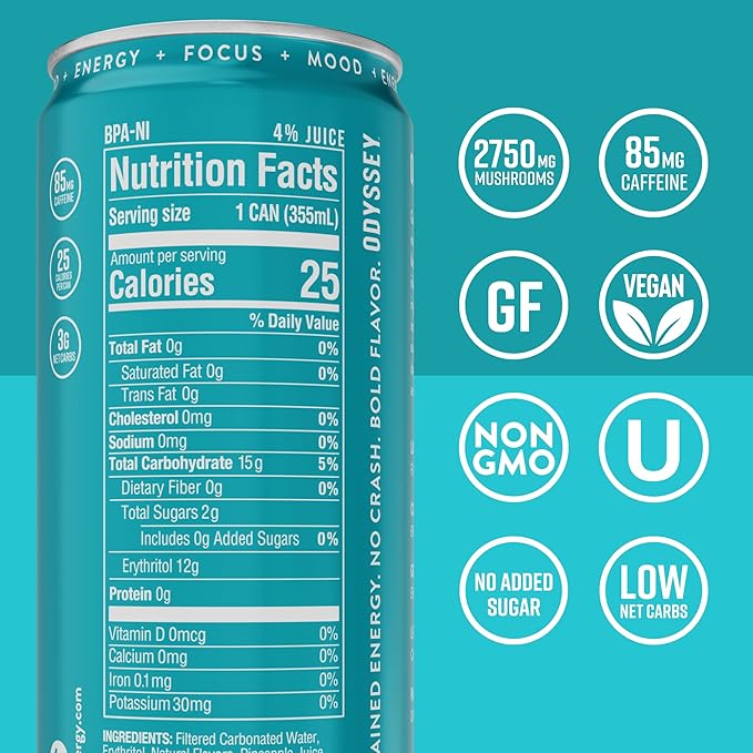 Odyssey Functional Energy Drink for Focus, Cognition & Mood Support 12 Pack - Adaptogenic Drink with 85mg Green Tea Caffeine, Lion’s Mane, Cordyceps, L-Theanine & Ginseng, Sparkling Tropical - Bloomnest
