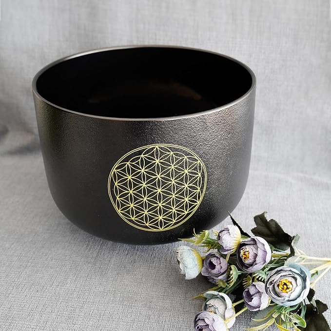 Hye-eun Crystal Singing Bowl 528HZ 8 Inch C Note, Black Sound Healing Crystal Bowl Meditation Sound Bath Life Flower Singing Bowl With Bag