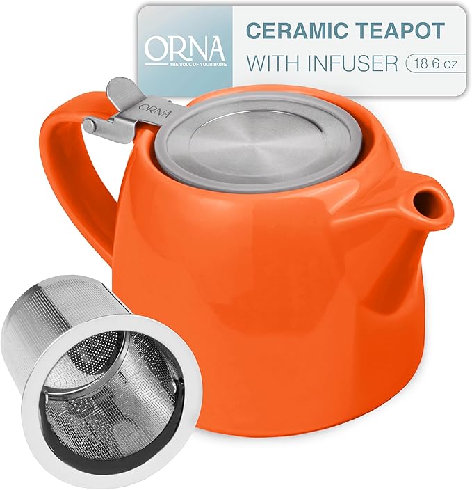 ORNA Ceramic Teapot with Tea Infuser – Small Tea Pot for Loose Leaf Tea – 550ml / 18.6 Oz Porcelain Non-Stove Teapot for 2 Cups with Tea Strainer (Orange) - Bloomnest