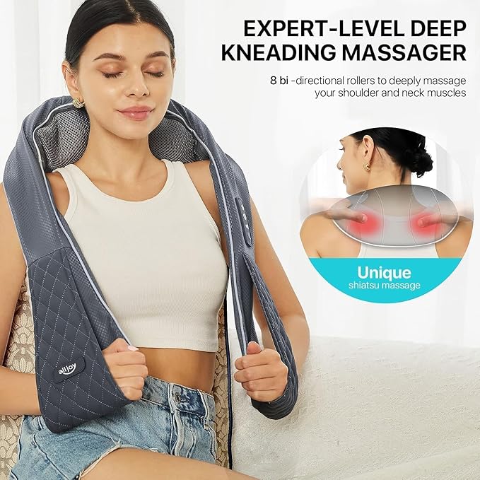 Cordless Shiatsu Neck Massager with Heat – Rechargeable Massager for Neck and Shoulder Pain with 8 Deep Kneading Nodes, Back Massager for Home Office Outdoor - Christmas Gifts for Mom Dad Men Women - Bloomnest