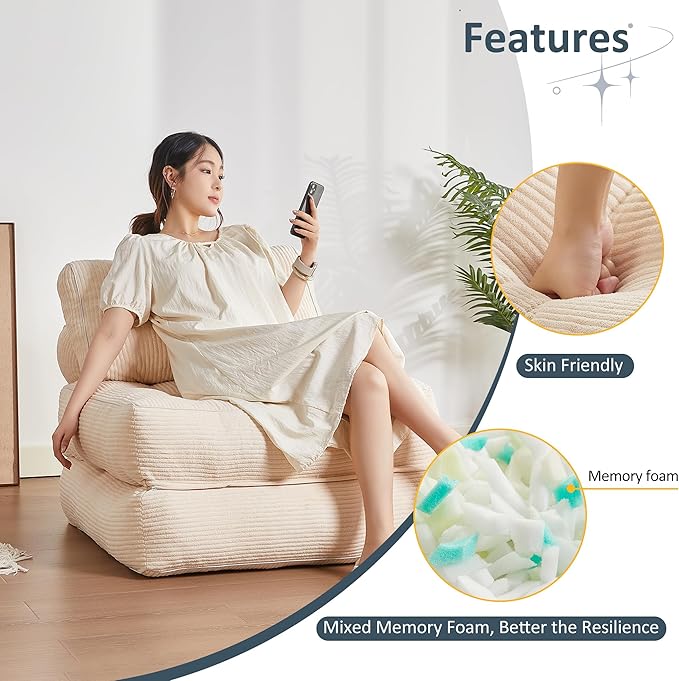 35.4x33.5 Inch Floor Pillow, Large Round Floor Cushion with Removable Washable Cover - Ultra Soft Plush Filling for Adults, Kids, Lounge, Bedroom, Reading Nook, Meditation, Corduroy, White