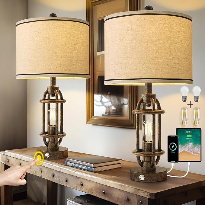 23.75'' Table Lamps Set of 2 for Living Room Bedroom Industrial Farmhouse Metal Touch Lamps with USB A+C Ports, Night Light Vintage Nightstand Bedside Lamp, Bulbs Included, Bronze - Bloomnest