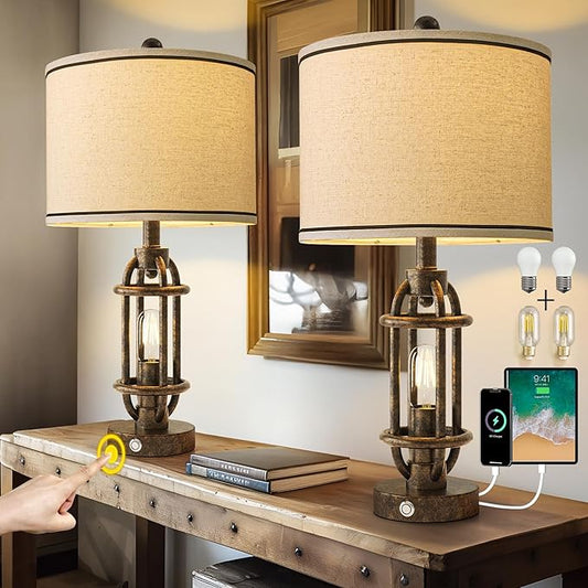 23.75'' Table Lamps Set of 2 for Living Room Bedroom Industrial Farmhouse Metal Touch Lamps with USB A+C Ports, Night Light Vintage Nightstand Bedside Lamp, Bulbs Included, Bronze - Bloomnest