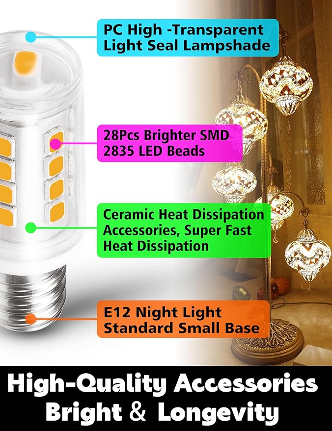 E12 C7 Small Base LED Night Light Bulbs, 7W&15W Incandescent Equivalent, 1W 120V 150LM Non-Dimmable 2700K Warm White LED Salt Lamp Bulbs for Dryer, Fridge, Decorations, 10 Pack - Bloomnest