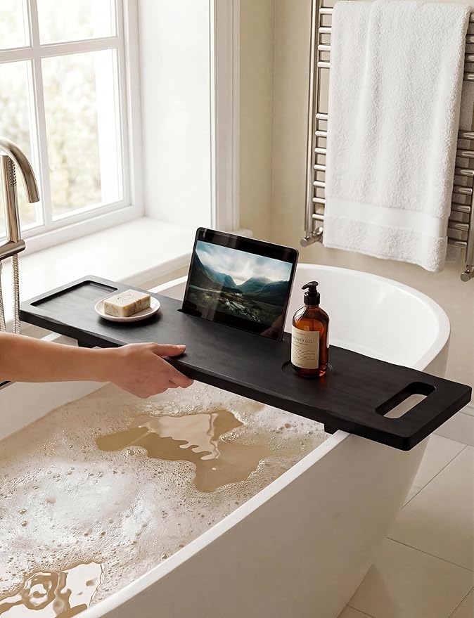 Tinamo Acacia Bathtub Caddy Tray Table | 39x9.8 Inch Large Bath Tub Wooden | Anti-Tipping, Sustainable Tub Tray for Bath tub | Bath-tub Accessories Holders for Bath-tub (Black Color) - Bloomnest