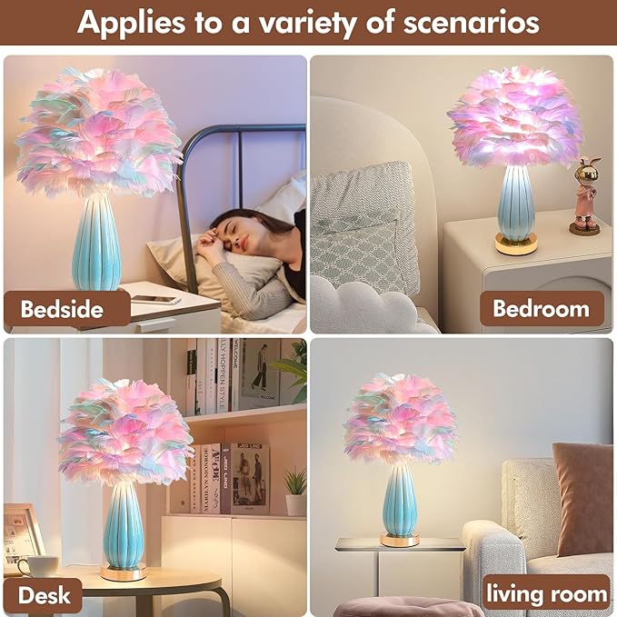 Colorful Feather Lamp Modern Fuzzy Table Lamp Romantic Rainbow Bedside Lamp Nordic Fluffy Princess Nightstand Light for Girl Bedroom Living Room Entry Office Wedding Decor Christmas Gift - Bloomnest