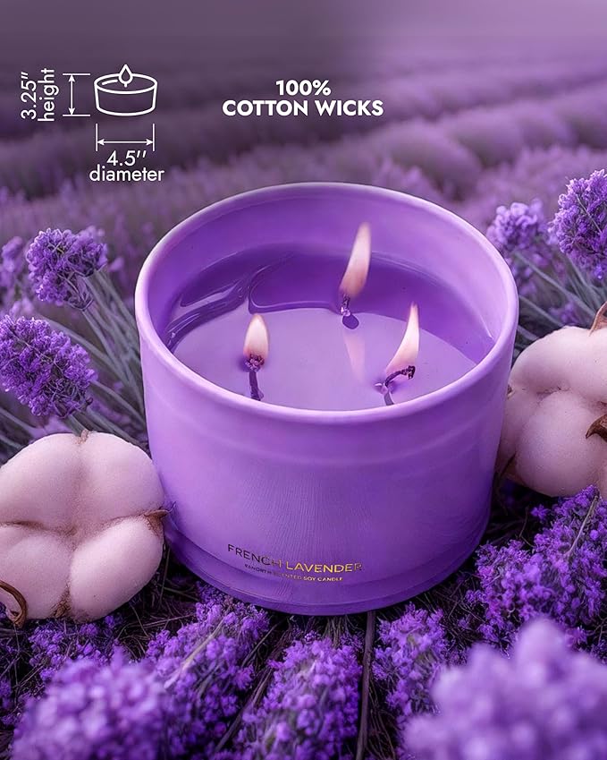 96NORTH Luxury Lavender Soy Candle | Large 3 Wick Jar Candle | Up to 50 Hours Burning Time | 100% Natural Soy Wax | Relaxing Aromatherapy Aesthetic Candle | Housewarming Gift for Women and Men - Bloomnest
