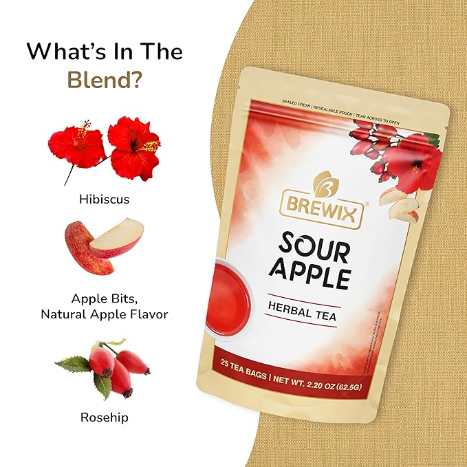 BREWIX, Sour Apple Hibiscus Tea Bags (25 Pyramid Tea Bags) Caffeine-Free Herbal Tea | Apple, Hibiscus, Rosehip | Refreshing Wellness Brew for Any Mood | Hot or Iced Refreshment - Bloomnest