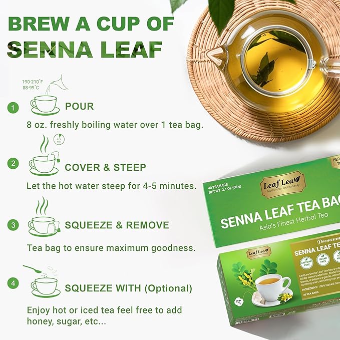 LeafLea 120 Senna Tea Bags – Pure Senna Herbal Laxative Tea, Naturally Supports Constipation Relief & Digestive Cleanse, Caffeine-Free, No Sugar, No Gluten, Non-GMO, Vegan, Individually Wrapped - Bloomnest