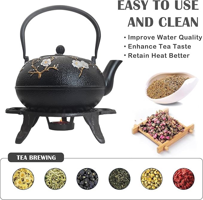 Cast Iron Tea Set with Cast Iron Warmer, Japanese Tetsubin 60.9oz Large Teapot Set with Infuser for Loose Tea, Heavy Tea Kettle for Stovetop Safe, Asian Elegant Durable Teaset Gift - Bloomnest