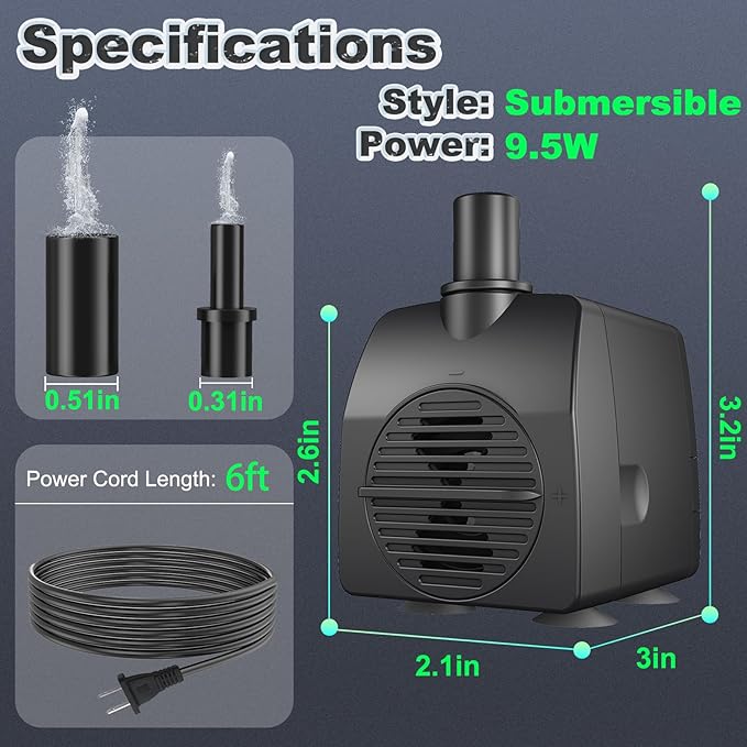 Submersible Pump 200GPH (800 L/H 15W) Ultra Quiet with Over Heating Protection 5.2ft High Lift for Fountains, Hydroponics, Ponds, Aquariums & More…… - Bloomnest