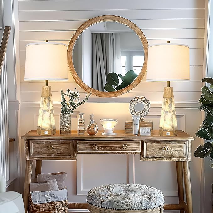 27" Natural Alabaster And Real Wood Table Lamp Set of 2 With Night Light Nightstand Lamps With USB Ports White Linen Fabric Shade Bedside Lamp Decor For Living Room Bedroom Home Office Hotel Bar House - Bloomnest
