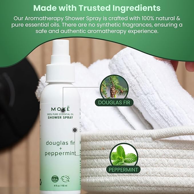 MOXE Aromatherapy Shower Spray - Douglas Fir & Peppermint, 100% Essential Oils, Made in USA, Aromatherapy, Sinus Congestion Relief, Respiratory Support, 4 Oz (1 Pack) - Bloomnest