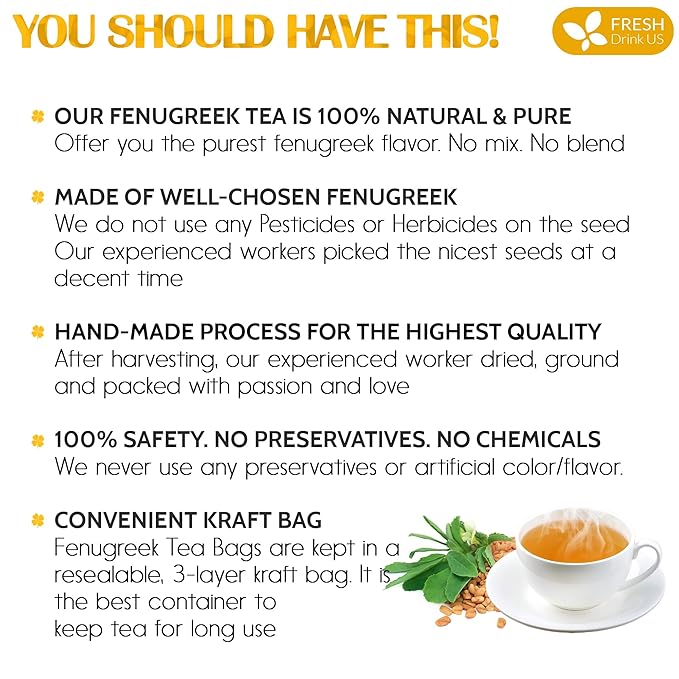 FreshDrinkUS, Premium 75 Fenugreek Tea Bags, 100% Natural & Pure from Fenugreek. Fenugreek Herbal Tea. Made with Natural Material Tea Bags. No Sugar, No Caffeine, No Gluten, Vegan. - Bloomnest