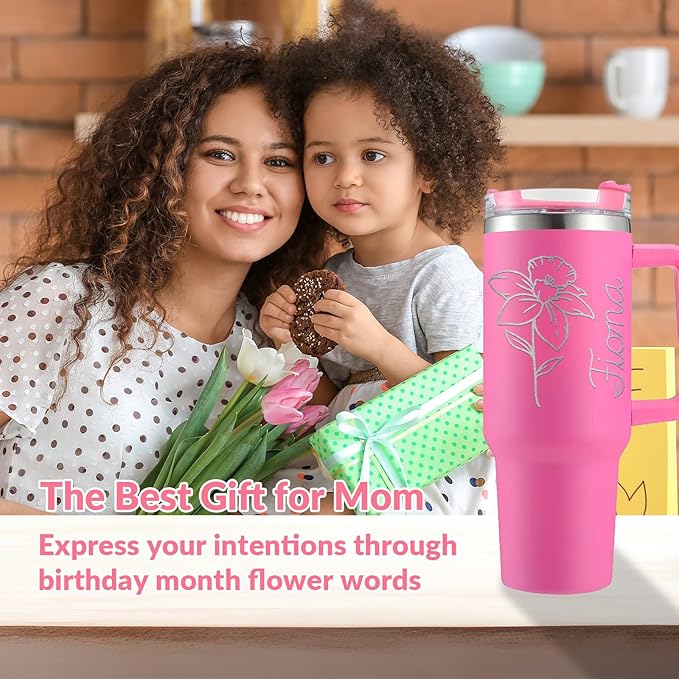 Personalized Tumbler with Birth Month Flower, Custom 40oz Insulated Stainless Steel Tumbler Travel Mug Coffee Cup with Engraved Name and Straw Lid, Personalized Gifts for Women Her - Bloomnest